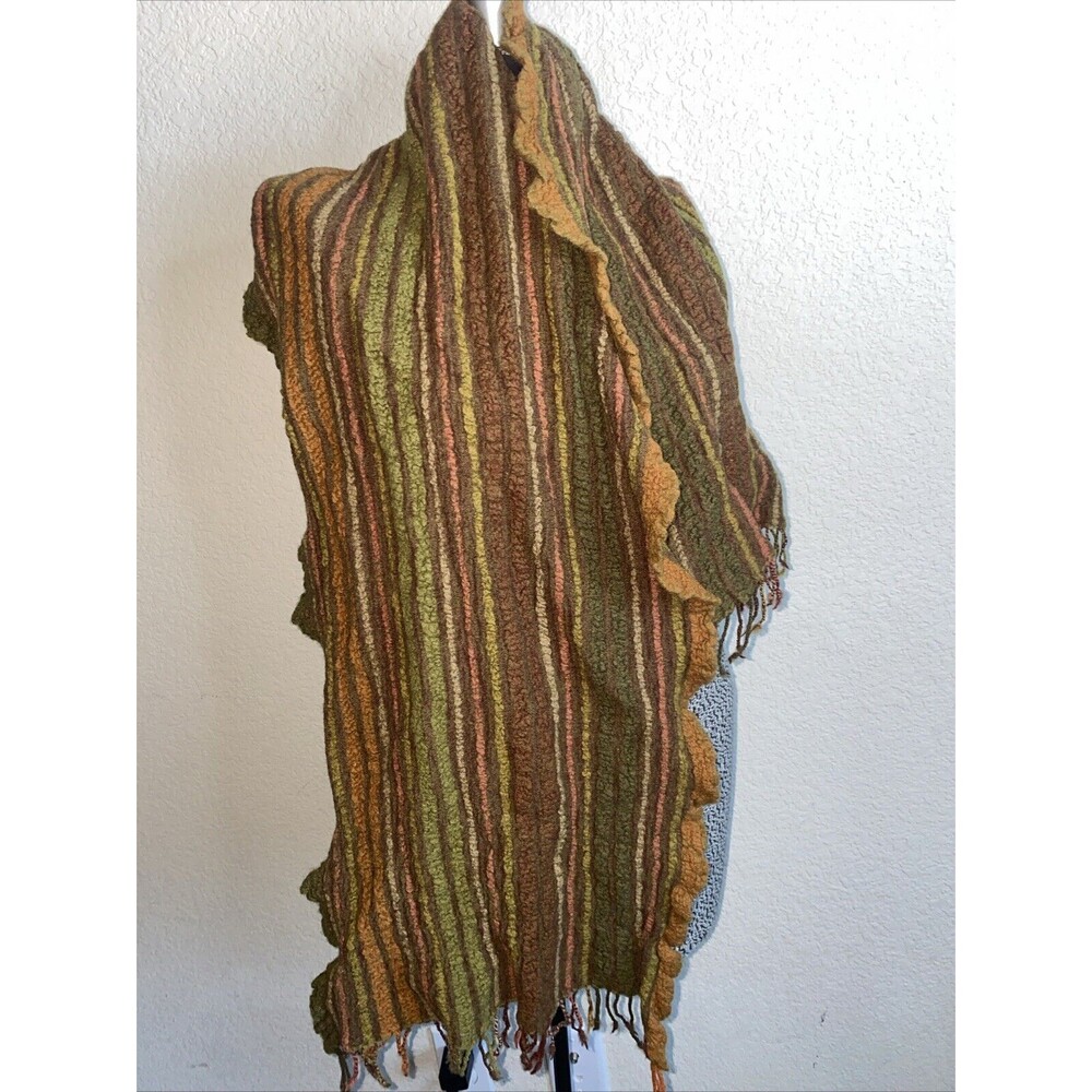 Fall Scarf Fringe  Knit Scalloped 53x13 Brown Green Orange Ruffle Hippie Boho